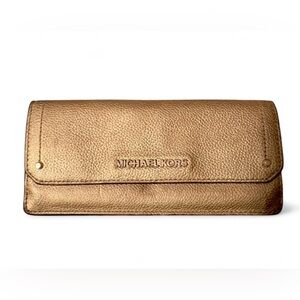 Michael Kors Gold Metallic Leather Wallet Clutch Flap Snap Long Wallet
